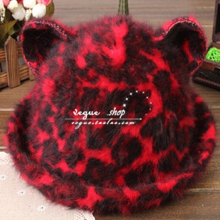 Cat ears hat leather cape plush hare dome small fedoras roll-up hem leopard print fashion cap autumn and winter