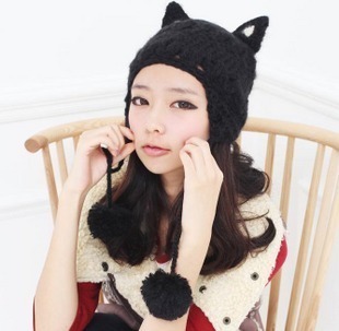 Cat ears knitted hat knitted hat wool ball ear protector cap female autumn and winter thermal
