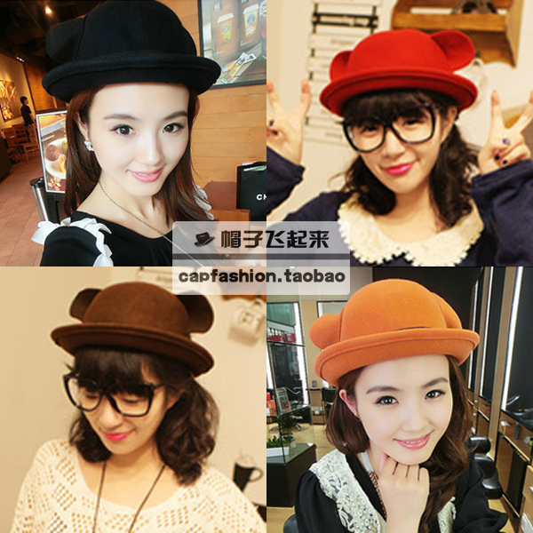 Cat ears roll-up hem dome hat devil cap autumn and winter small round woolen cap