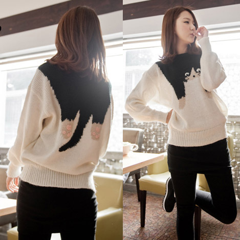 Cat embroidered casual pullover sweater shirt 11737 free shipping