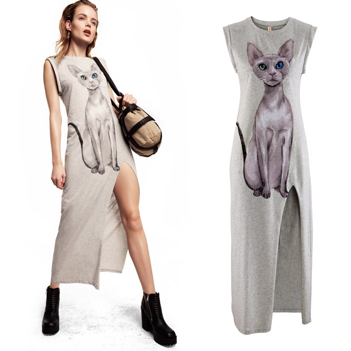 Cat print single vent Light gray one-piece dress cuff roll up pocket hem tank dress hm