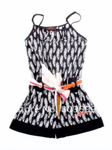 CATIMIN* rompers girls Feather printed rompers.kids suspenders overalls trousers Children Piece pants Five point trousers