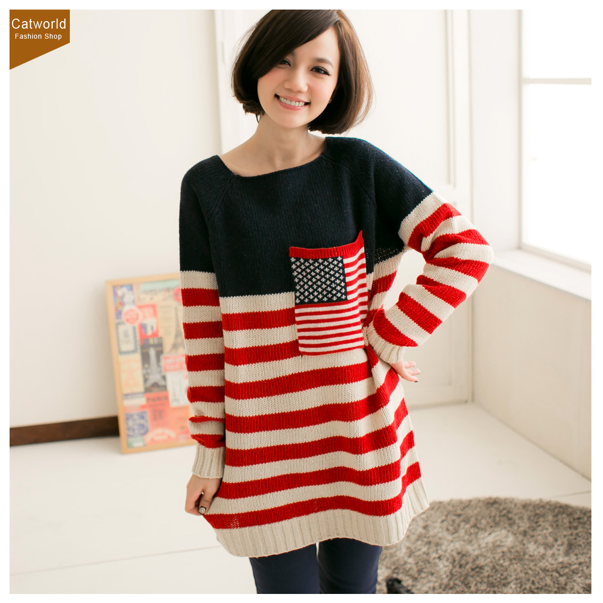 Catworld 2013 autumn and winter female 11700019 american flag pocket knitted sweater