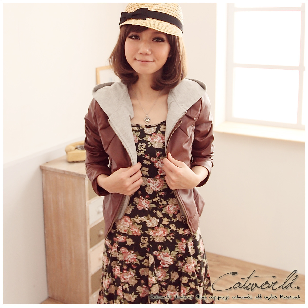 Catworld spring 15001418 cap leather clothing zipper outerwear
