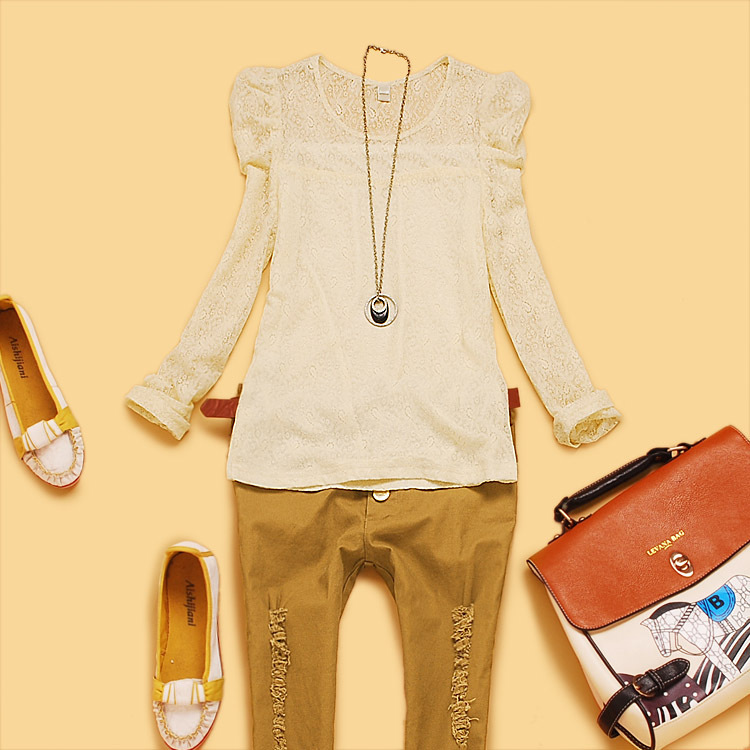 Cb2-4 women's lace shirt puff sleeve lace basic top basic shirt female