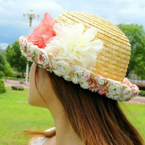 Ccia women's summer roll up hem strawhat parent-child hat vivi flower lace sun-shading fedoras
