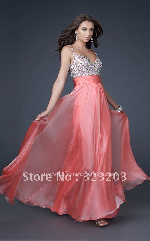CD001 Color free New Designer OEM beeded spaghetti strap with V-neck and bust floor length chiffon A-line celebrity dress
