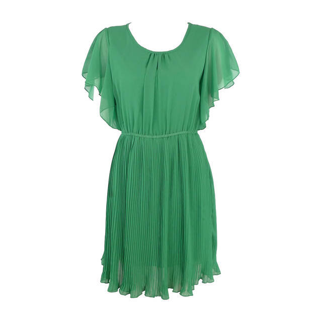 Cdlj o-neck transparent ruffled pleated sleeve elastic waist pleated chiffon one-piece dress chromophous 503017