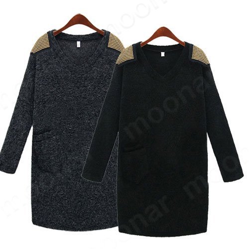 Celebraty Wool Blend V-neck Shoulder Mark Loose Kint Mini Fit Dress Sweater E0796