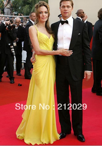 Celebrity Dresses Spaghetti Straps Floor Length Chiffon Angelina Jolie Dress Fress Shipping