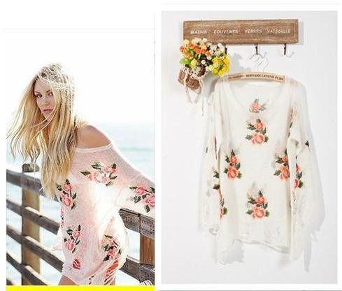 Celebrity Oversized Rose Floral Print Kintwear Sweater Slouchy Knitted Chunky Jumper