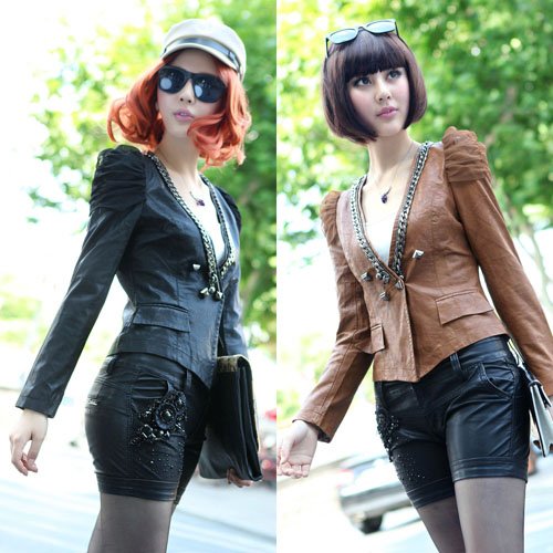 [Cerlony]Discount New Fashion Rivet Jacket Cropped Women Jackets PU Female Motorcycle Bike Leather Jacket Free Shipping PU11