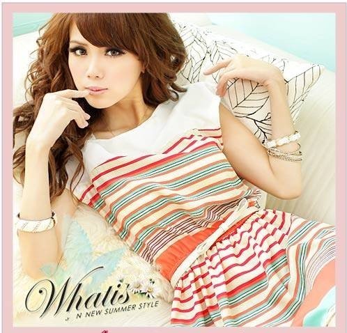 [Cerlony]Free Shipping, Hot Sale Ladies Dress, Colorful Stripes Chiffon Mini Dress , Free Bowknot Belt women's Dresses , LYQ1007