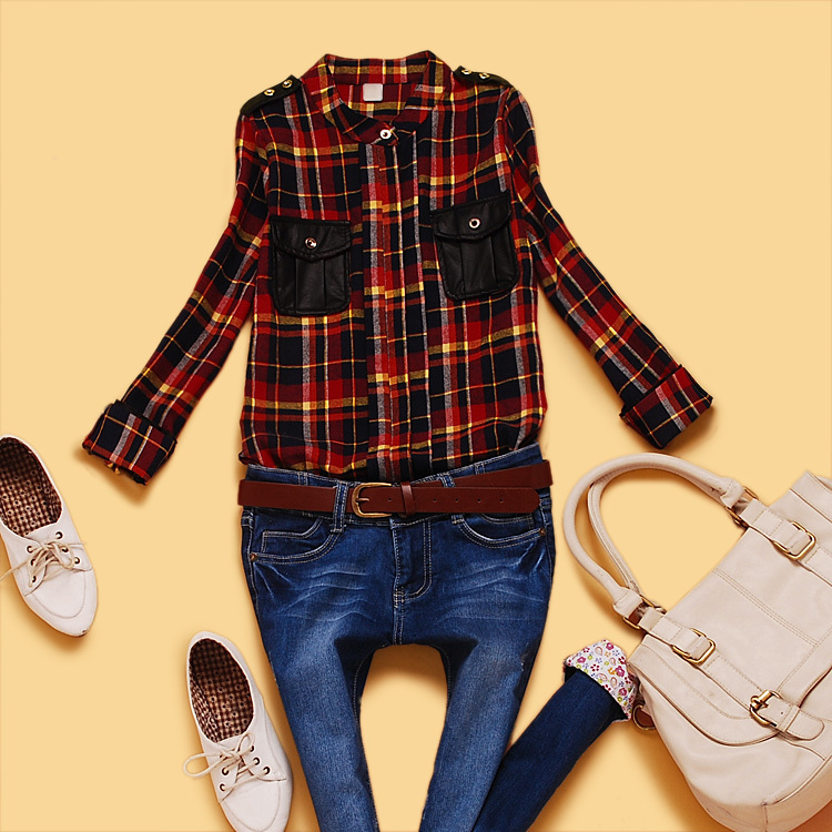Cf1-3 spring women's faux leather patchwork epaulette long-sleeve plaid shirt