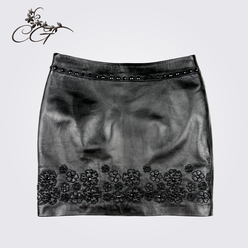 Cg 2012 spring sheepskin embroidered slim hip a-line skirt bust skirt short skirt genuine leather skirt