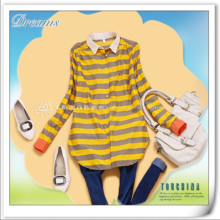 Cg2-4 spring 2013 women's circarc navy stripe irregular sweep long-sleeve shirt