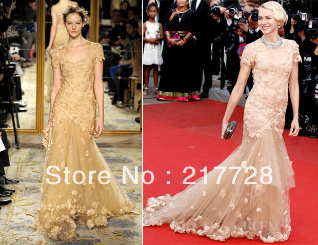 Champagne Feather Beaded Ruffles Bateau Sheath Sweep Train Celebrity Dresses Evening Gowns G-628