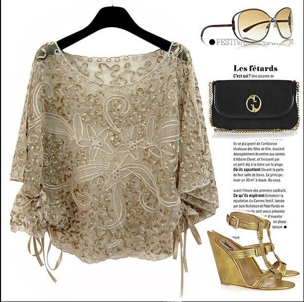 Champagne gold disc flowers Embroidery Crochet drawstring cloak bat T-shirt blouse, ladies blouses, womens blouses women garment