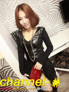 Channel - lace patchwork leather rivets cutout back decoration one-piece dress