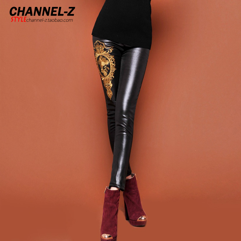 Channel-z 2012 autumn and winter fashion gold embroidery decorative pattern light plus velvet slim faux leather legging