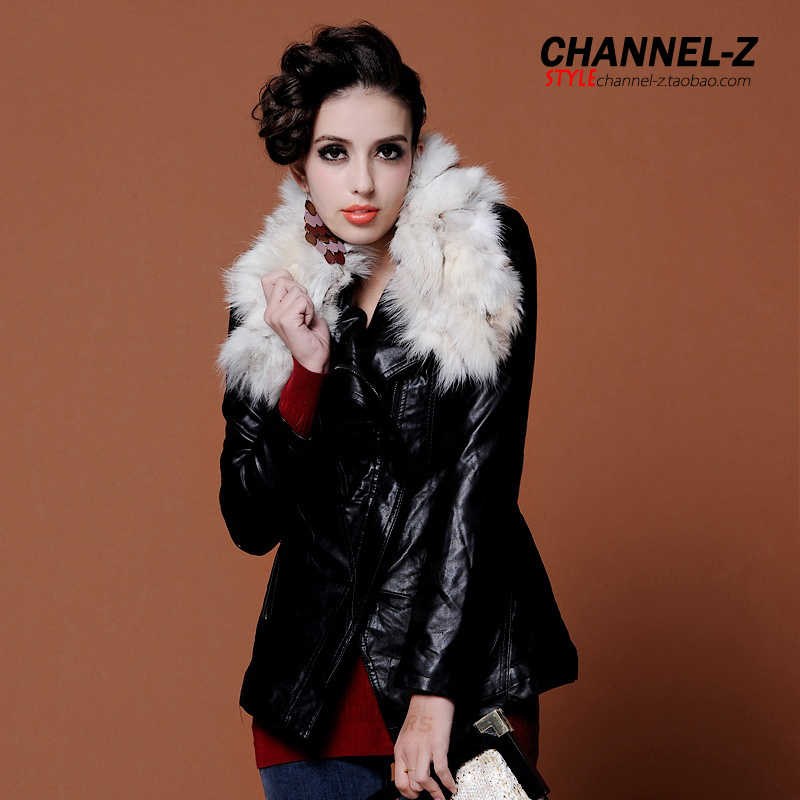 Channel-z 2012 autumn and winter fashion vintage fox fur slim motorcycle side zipper cotton-padded leather clothing outerwear