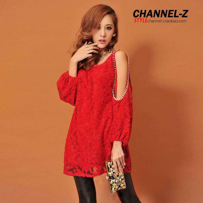Channel-z 2012 fashion autumn and winter sexy lace crochet beading cutout strapless lantern