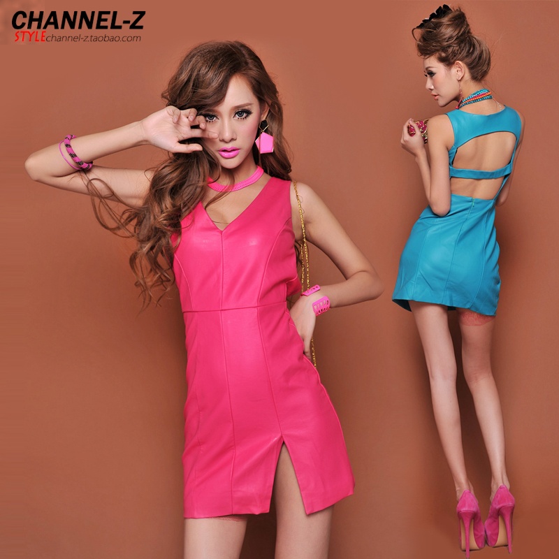 Channel-z 2013 fashion new sexy placketing racerback faux PU sleeveless dress leather skirt Strapless