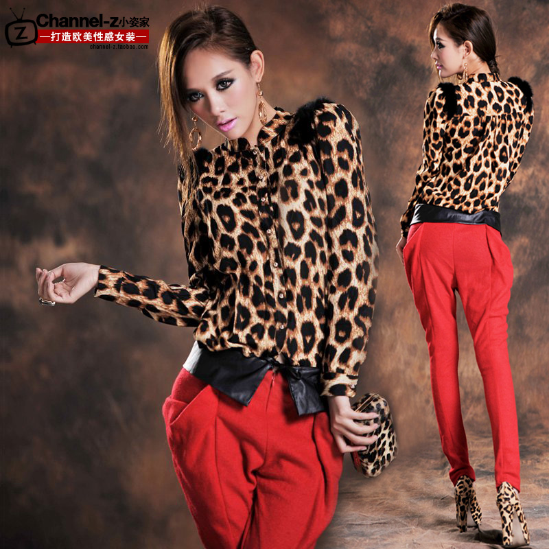 Channel-z 2013 fashion sexy buttons rabbit fur wild leopard print basic shirt