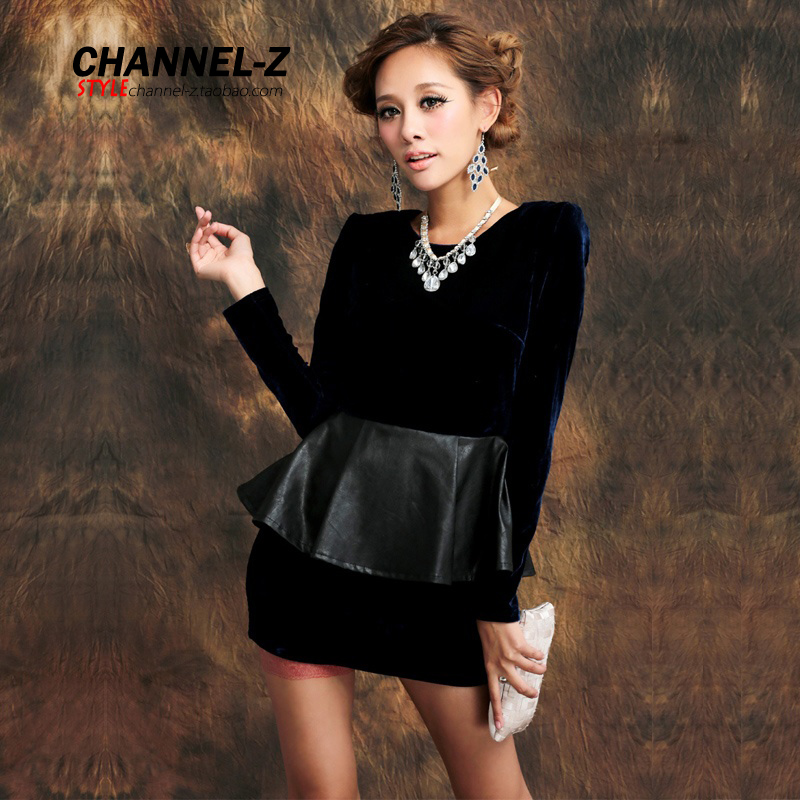 Channel-z 2013 spring and summer fashion vintage lotus leaf leather cummerbund long-sleeve slim hip velvet one-piece dress