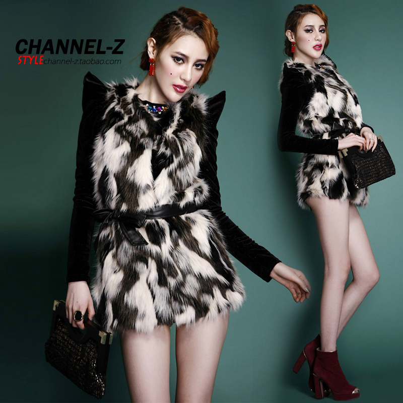 Channel-z autumn and winter female fashion luxury leather belt slim medium-long fancy faux fur vest