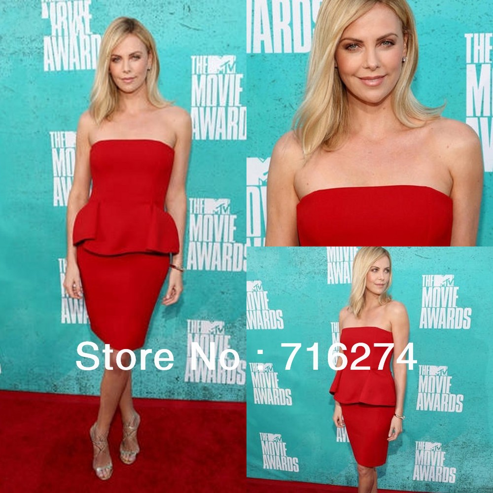 charlize theron Red Couture Strapless Sheath Mini Short Satin  Celebrity Dresses Prom Gown