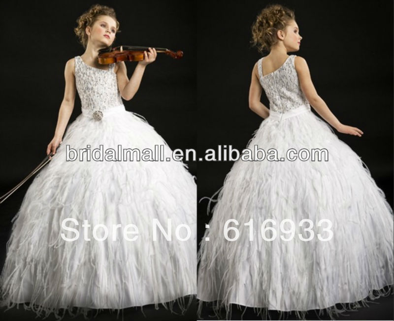 Charming beaded spaghetti strap feather white ball gown flower girl dresses prom dress pageant dress JY010