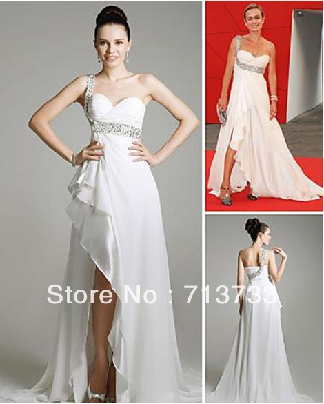 Charming Chiffon Split Celebrity Dress Custom Made One Shoulder Pleats Beads Floor Length Party Gown