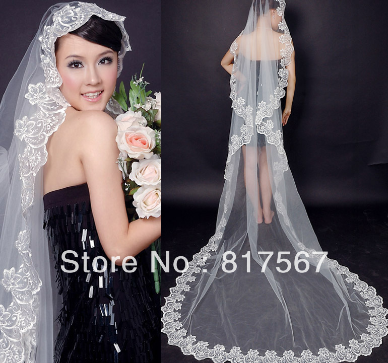 Charming embroidered laciness bottom 3 meters long cheap bridal veil on sale