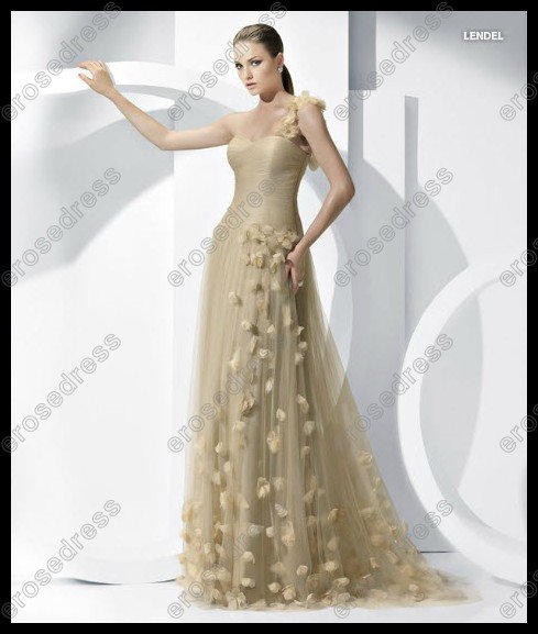 Charming One Shoulder Sweetheart Flowers Decoration Designer Tulle Evening Dress EK-091