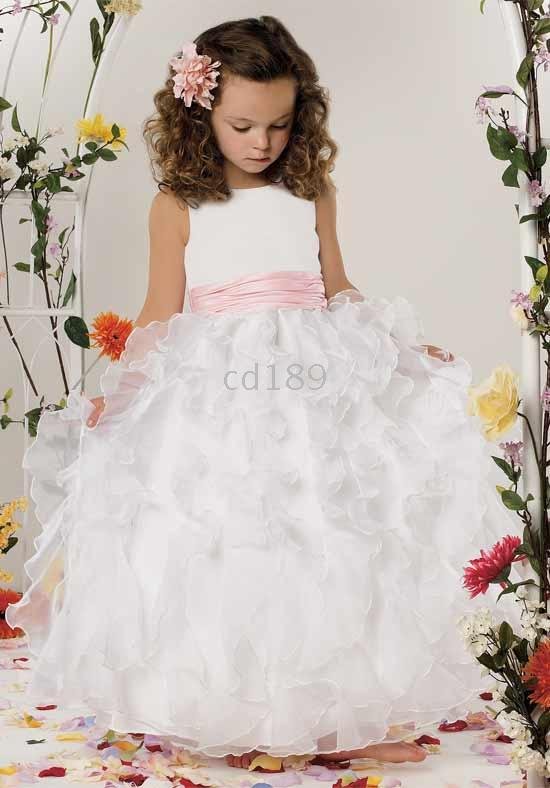 Charming organza White has pink Belt layer Flower Girl Dresses Custom-made