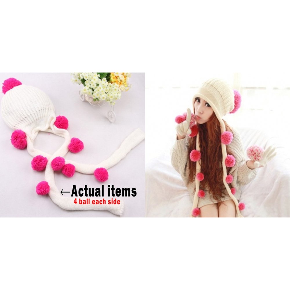Charming Scottish style long earflap cap,female knitted hat,hot pink ball of yarn,Free Shipping