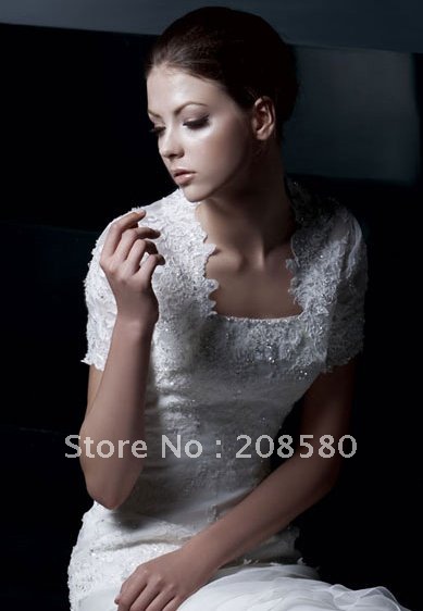 Charming Short Sleeve Beaded Lace Appliqued Bridal Wedding Jackets Bolero J09