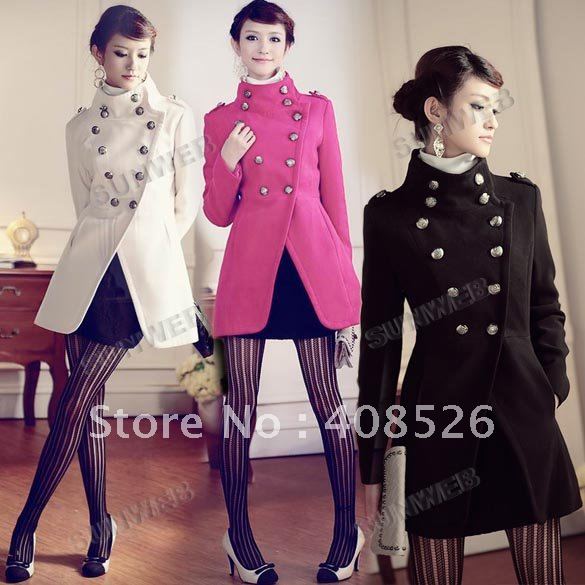 cheap Fashion winter Double-Breasted Button Trench Military Women's Coat Stand Collar Black free shipping3429