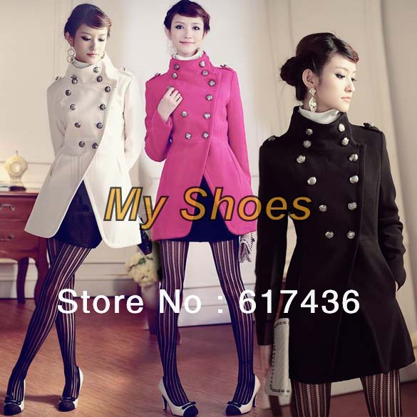 cheap Fashion winter Double-Breasted Button Trench Military Women's Coat Stand Collar Black free shipping3429