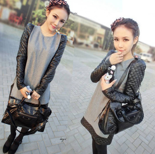 Cheap free shipping Sweet fashion vintage small ladies elegant patchwork basic woolen leather skirt one-piece dress
