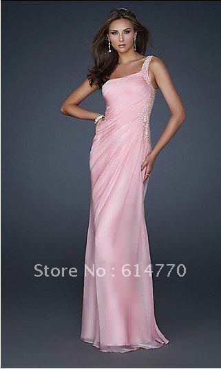 Cheap one shoulder beaded appliqued ruched pink  custom-made evening dresses E48