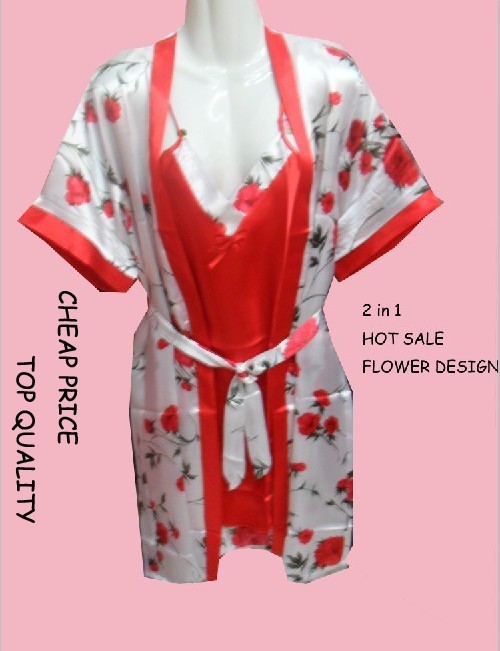 Cheap price High quality woman's silk like pajamas flower design sexy 2 in 1 pajamas 6pcs/lot Free shipping