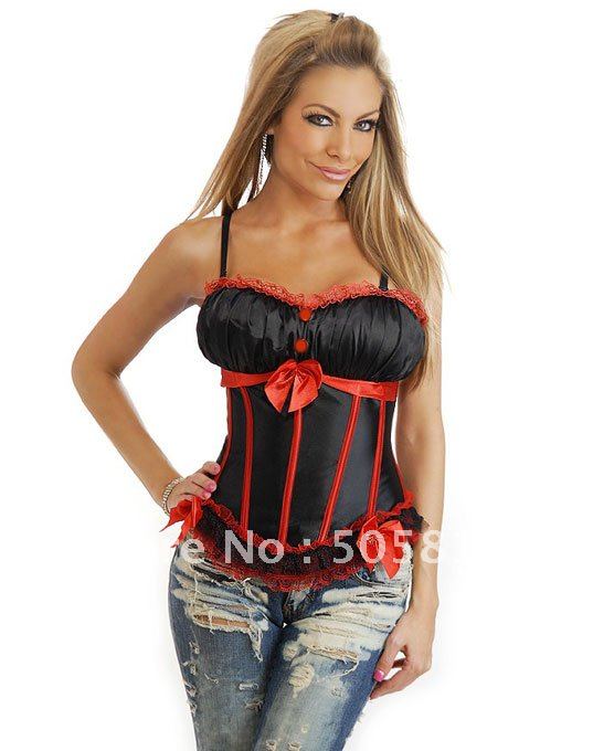 Cheaper price! Red green black pink  PROMOTION Front 3 bow lace corset bustier Sexy Peasant Burlesque Corset boned QM8899