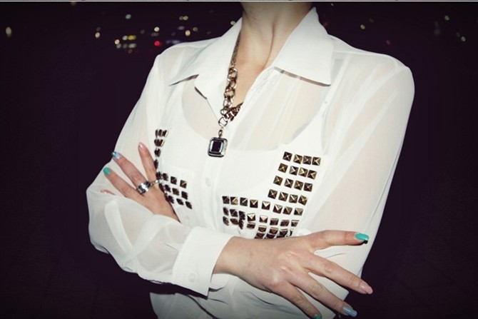 Cherry In The Eden, Free Shipping, 2012 sexy chiffon racerback cross rivet perspectivity turn-down collar shirt chiffon shirt