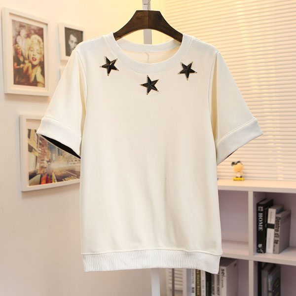 Cherry In The Eden Free Shipping Five-pointed star cuff leather roll up hem short-sleeve t female t top f 27