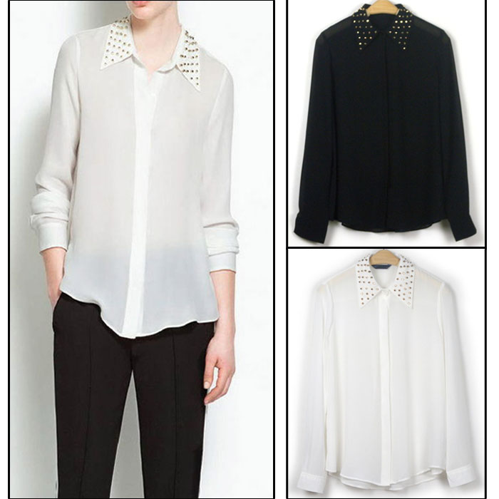 Cherry In The Eden, Free Shipping, gold rivet chiffon shirt big peaked collar long-sleeve shirt female