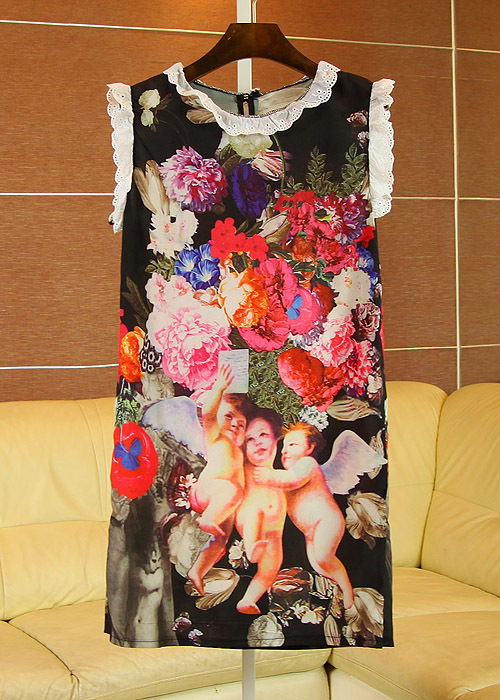 Cherry In The Eden, Free Shipping, Oil painting digital print elegant lace petal stand collar slim one-piece dress c2-3