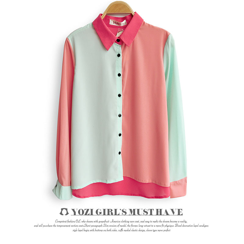 Cherry In The Eden, Free Shipping, patchwork candy color turn-down collar long-sleeve shirt zd118