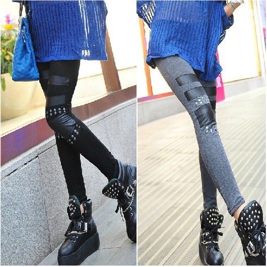 Cherry In The Eden, Free Shipping, punk knee rivet faux leather patchwork legging thickening female